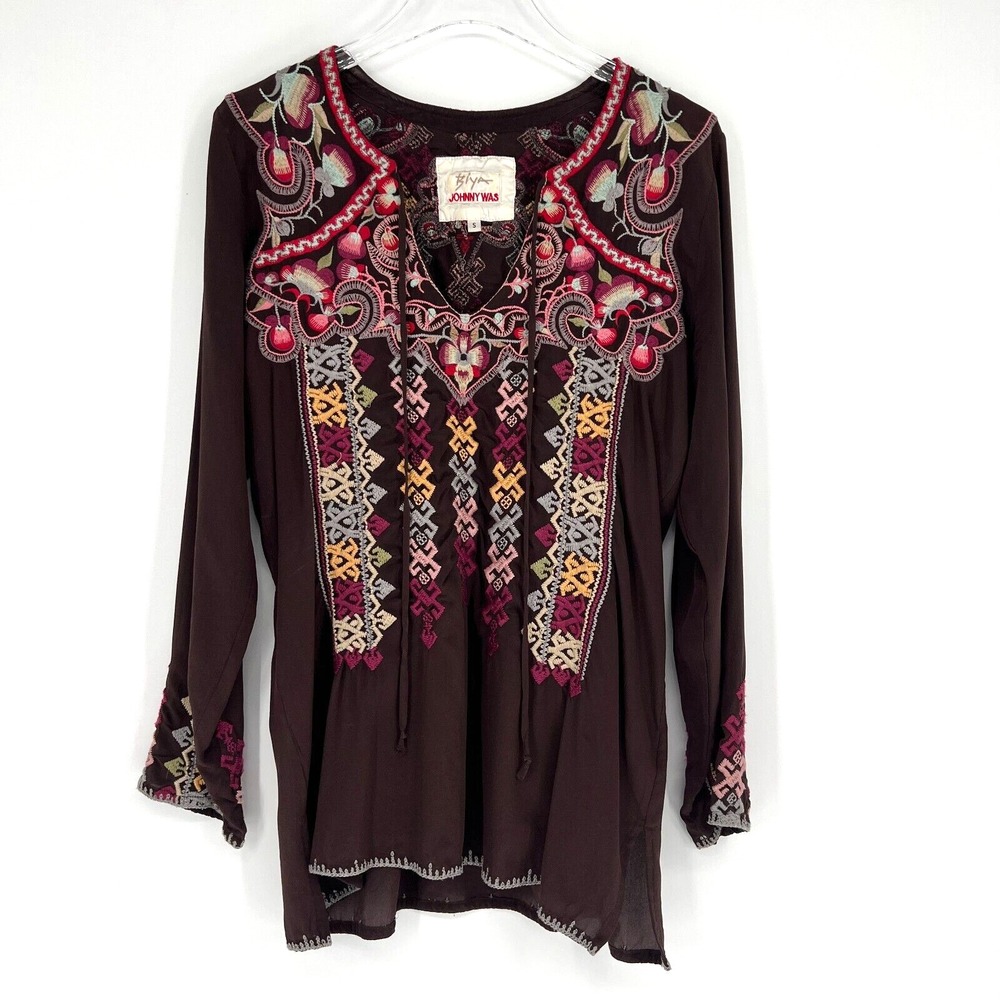 Johnny Was Top Womens S Silk Embroidered Boho Peasant Tunic Blouse Brown